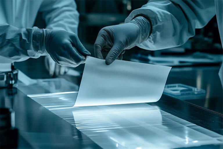 Technicians testing fluorosilicone release liner for adhesive compatibility in cleanroom conditions