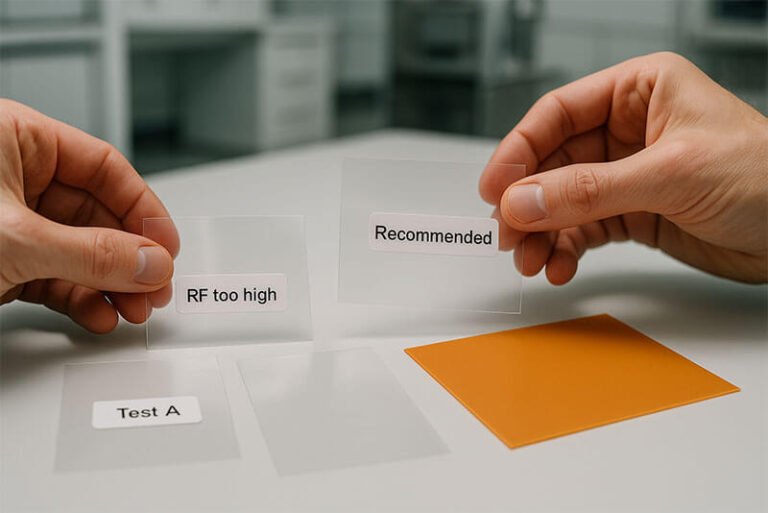 Silicone PSA release liner samples comparison: Test A, RF too high, Recommended