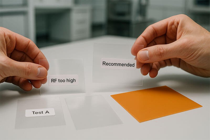 Silicone PSA release liner samples comparison: Test A, RF too high, Recommended